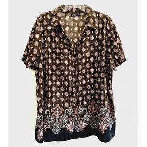 Apt 9 Woman's Vintage Y2K Top Size 2X Brown Short Sleeve‎ Ruffle Crinkle 2000s